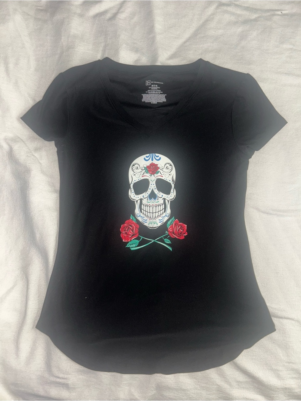 No Boundaries- Black Crew Neck Women's Tee with Sugar Skull & Roses